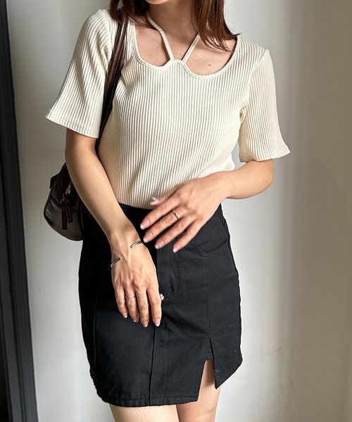 tシャツ バックリボンホルターネックトップス レディース RANAN tシャツ バックリボンホルターネックリブトップス