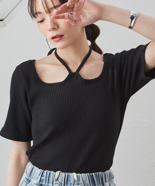 RANAN（ラナン） tシャツ 半袖 バックリボンホルターネックリブ