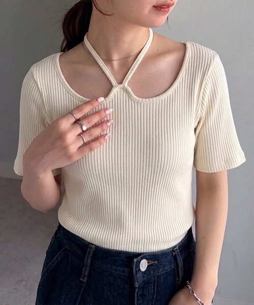 RANAN（ラナン） tシャツ 半袖 バックリボンホルターネックリブ