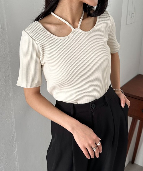 tシャツ バックリボンホルターネックトップス レディース RANAN tシャツ バックリボンホルターネックリブトップス