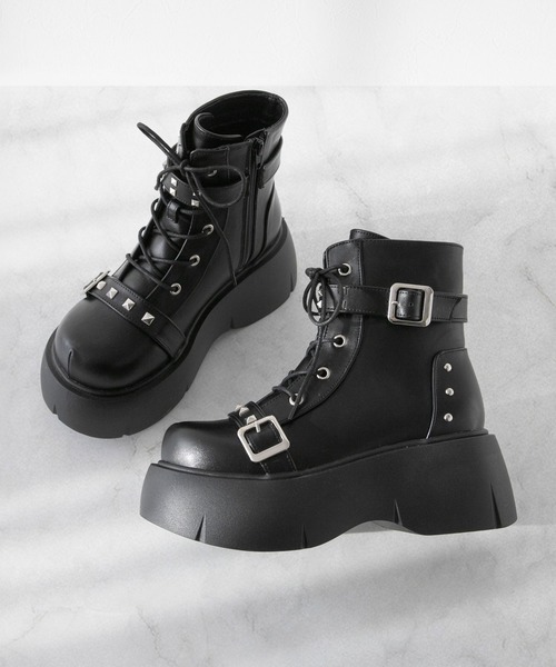 DearMyLove ブーツ スタッズ闇闇レースアップ厚底スニーカーブーツ