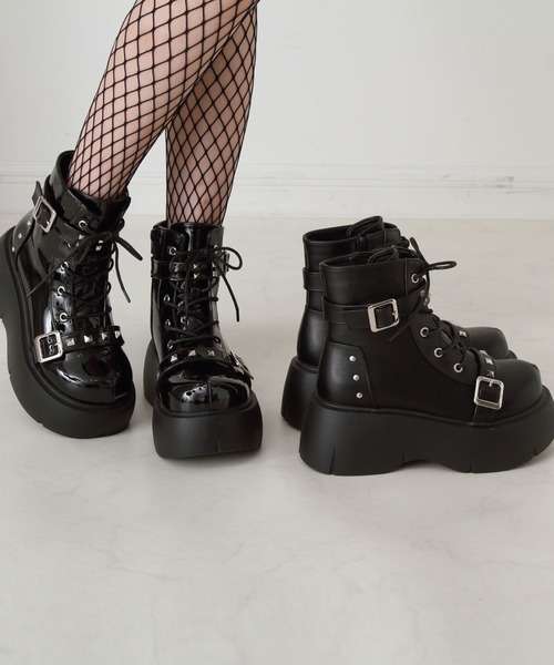 DearMyLove ブーツ スタッズ闇闇レースアップ厚底スニーカーブーツ