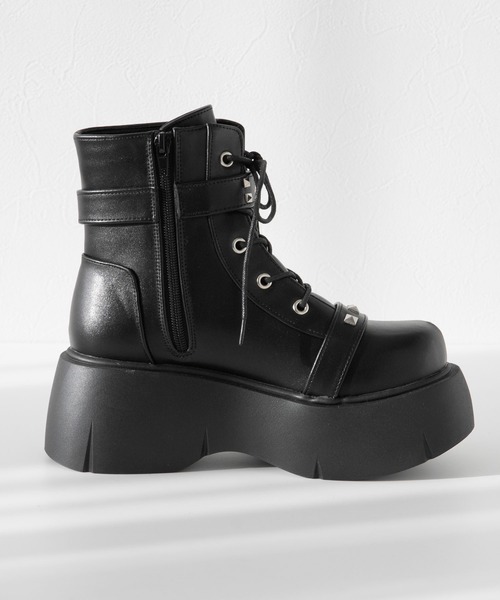 DearMyLove ブーツ スタッズ闇闇レースアップ厚底スニーカーブーツ