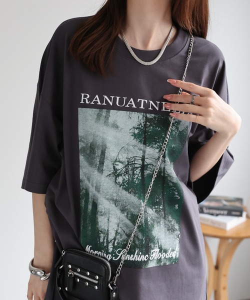 2色 VネックTシャツ リラックス ラフ ルーズ プリントTシャツ VネックスリムフィットTシャツ【ライトオレンジ】