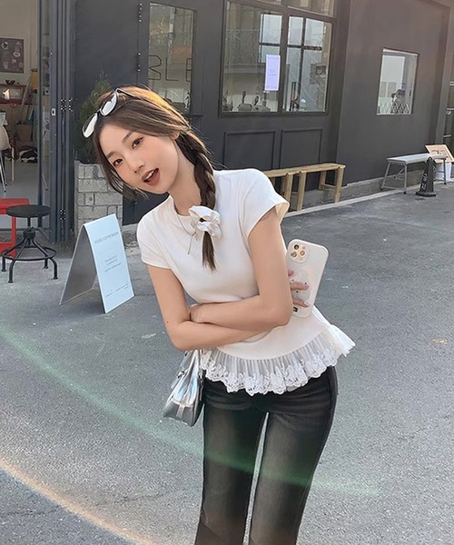 shopnikoniko（ショップにこにこ） tシャツ 半袖 Tシャツ ヘムレース