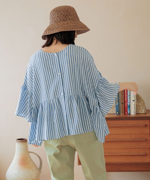 完売品☆新品☆ニコアンド☆COMFORTリネンワイドブラウス Ｌブルーストライプ niko and… ブラウス シャツ COMFORTリネンワイドブラウス