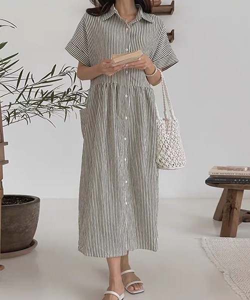 maku textiles マク ストライプ ウエスト切り替えシャツワンピース maku textiles マク ストライプ ウエスト切り替えシャツ