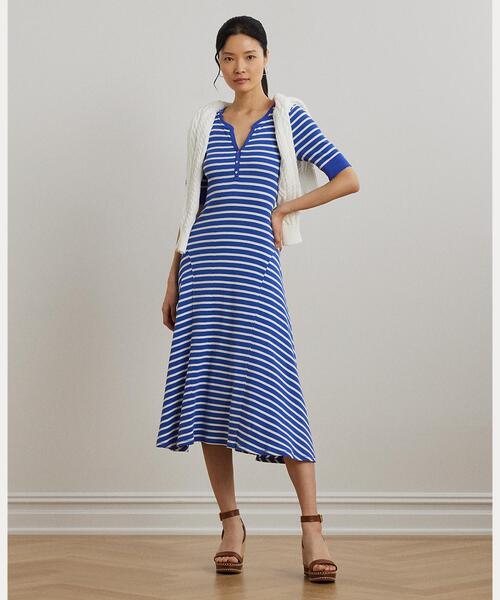 【RALPH LAUREN】ストライプ柄 ワッフルニット コットン ドレス LAUREN RALPH ワンピース ストライプド ワッフルニット コットン