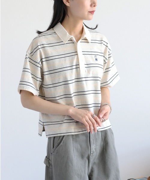 新品未使用　monzee レディース　ポロシャツ cepo tシャツ ワンポイントクマ刺繍マルチボーダーポロシャツ