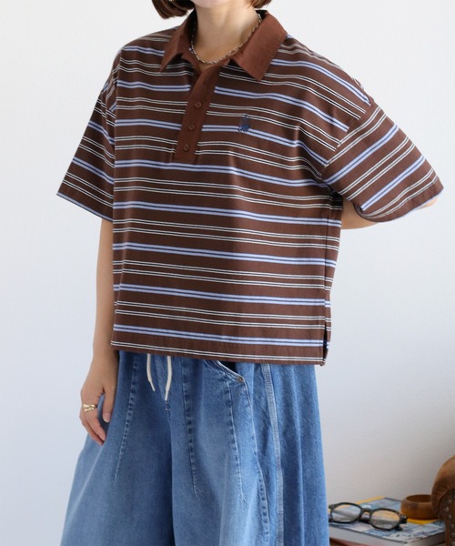 cepo（セポ） tシャツ ワンポイントクマ刺繍マルチボーダーポロシャツ