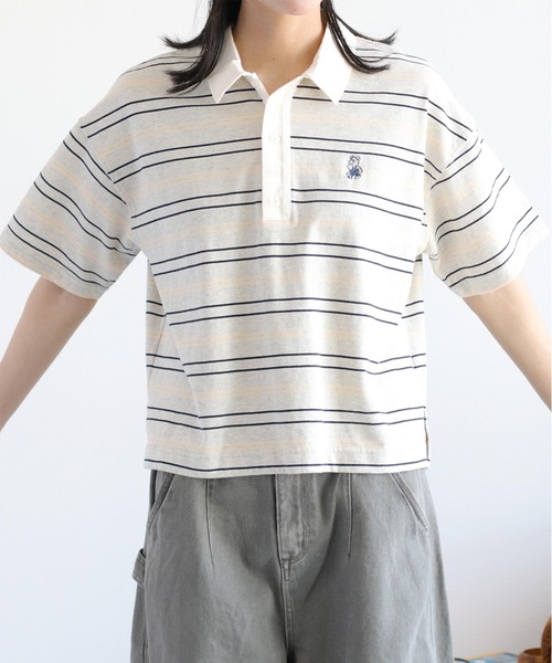 cepo（セポ） tシャツ ワンポイントクマ刺繍マルチボーダーポロシャツ