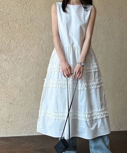 tシャツ ウエスト切替フリルテープ使いギャザーワンピース レディース