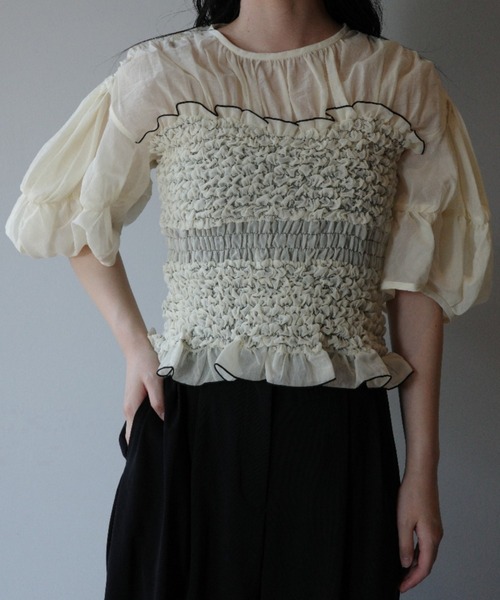 トップス Shirring Knit top SLY | DUAL COLOR FRONT ZIP KNIT トップス (ニット ) |SHEL