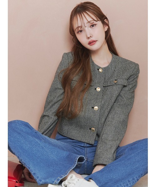 ルルウィルビー　チドリツイードノーカラージャケット　金ボタン　千鳥格子 Stylevoice for xxx（スタイルヴォイスフォー） ジャケット ノーカラー