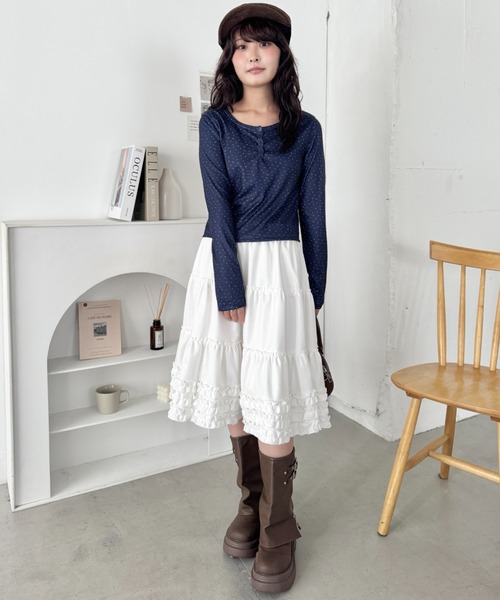 SOLLON.（ソルロン） ヘンリーネック tシャツ 小花柄ヘンリーネック