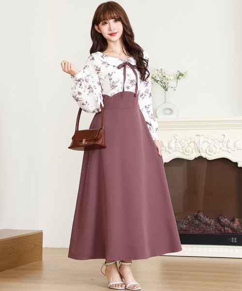 Anely ワンピース 花柄 リボン ドッキング フレア ワンピース