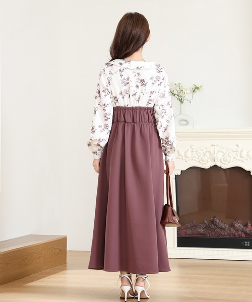 Anely ワンピース 花柄 リボン ドッキング フレア ワンピース