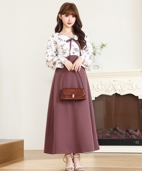 Anely ワンピース 花柄 リボン ドッキング フレア ワンピース