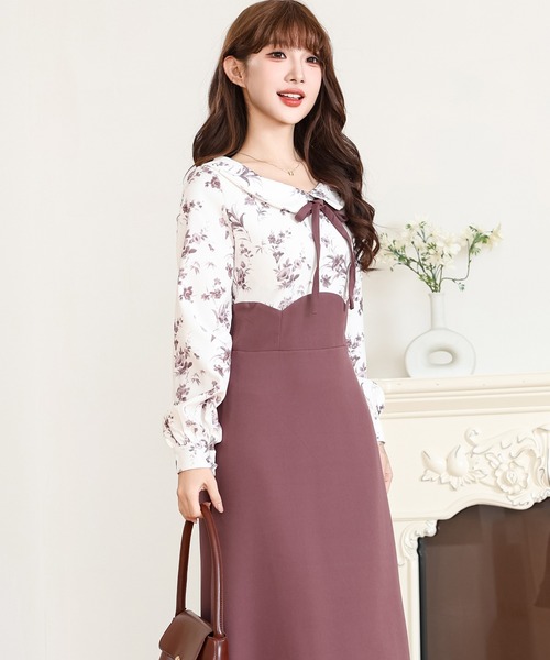 Anely ワンピース 花柄 リボン ドッキング フレア ワンピース