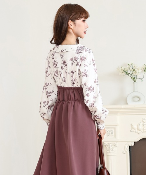 Anely ワンピース 花柄 リボン ドッキング フレア ワンピース