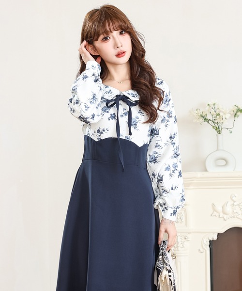 Anely ワンピース 花柄 リボン ドッキング フレア ワンピース