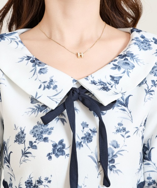 Anely ワンピース 花柄 リボン ドッキング フレア ワンピース