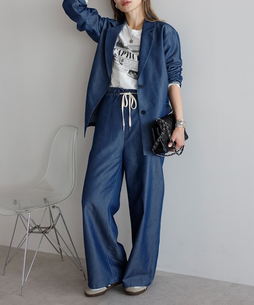 セットアップ 「SET」シアーデニムジャケット×イージーデニムパンツ レディースの画像