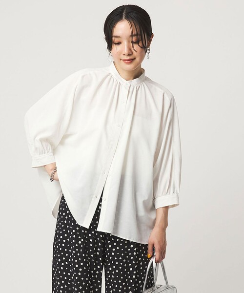ブラウス シャツ 半袖 「WEB限定」「at ease」ノーカラー ギャザー ブラウス UVカット 通気性 レディース | green label relaxing | 01