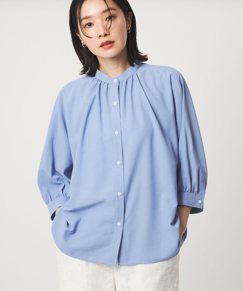 ブラウス シャツ 半袖 「WEB限定」「at ease」ノーカラー ギャザー ブラウス UVカット 通気性 レディース | green label relaxing | 03