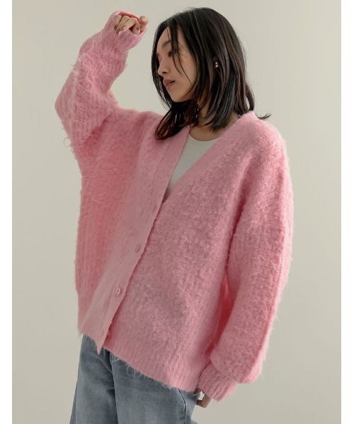 ピンクの猫 ISSEY SPORT ウールカーディガンジャケット Re:EDIT（リエディ） カーディガン 起毛シャギールーズニット