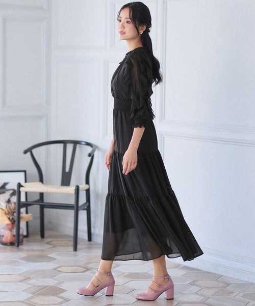 PourVous（プールヴー） ドレス ミモレ丈＆七分袖フォーマル総シフォン