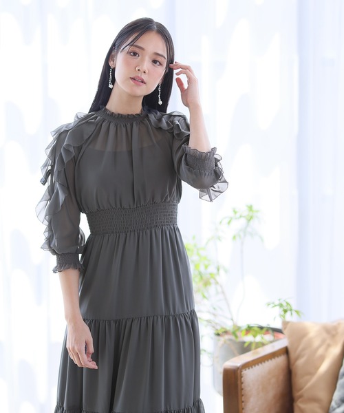 PourVous（プールヴー） ドレス ミモレ丈＆七分袖フォーマル総シフォン