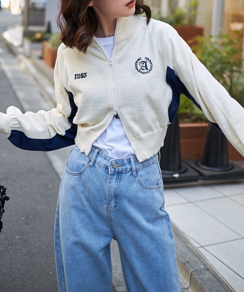 カーディガン 刺繍入りダブルジップニットブルゾン レディース