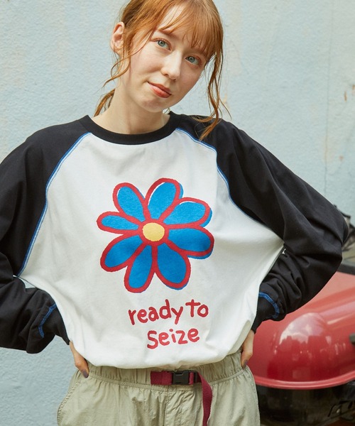 tシャツ 配色ステッチ×フラワーグラフィックプリント ラグラン 長袖Tシャツ レディース メンズ | ブランド登録なし | 02