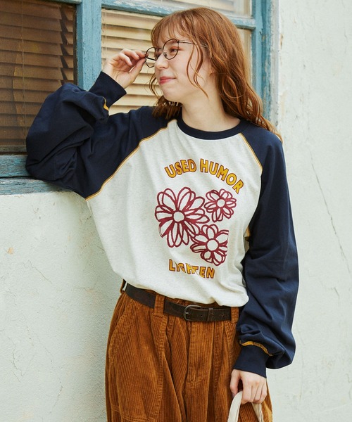 tシャツ 配色ステッチ×フラワーグラフィックプリント ラグラン 長袖Tシャツ レディース メンズ | ブランド登録なし | 04