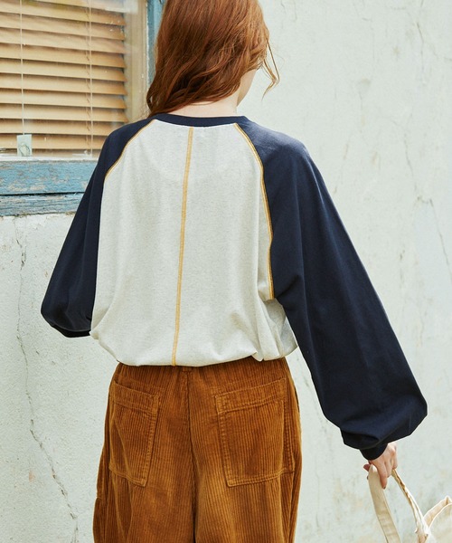 tシャツ 配色ステッチ×フラワーグラフィックプリント ラグラン 長袖Tシャツ レディース メンズ | ブランド登録なし | 10