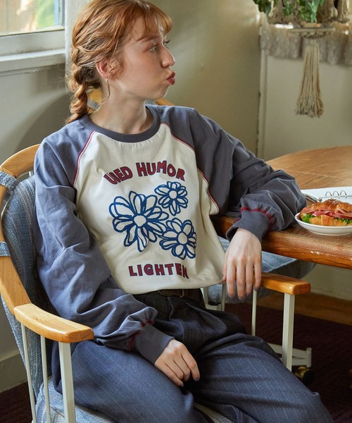 tシャツ 配色ステッチ×フラワーグラフィックプリント ラグラン 長袖Tシャツ レディース メンズ | ブランド登録なし | 14