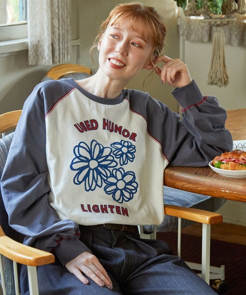 tシャツ 配色ステッチ×フラワーグラフィックプリント ラグラン 長袖Tシャツ レディース メンズ | ブランド登録なし | 15