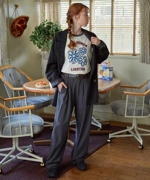 tシャツ 配色ステッチ×フラワーグラフィックプリント ラグラン 長袖Tシャツ レディース メンズ | ブランド登録なし | 22