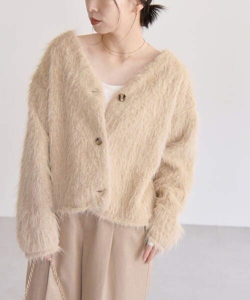 カーディガン quaranciel:「手洗い可能」シャギー コンパクト Vネック カーディガン レディース