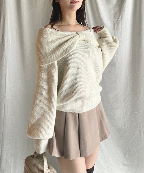ニット セーター オフショルリボンリブトップス レディース Darich ニット セーター オフショルリボンニットトップス