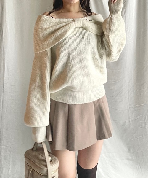 NOMAE ニット セーター リボンオフショルニットトップス