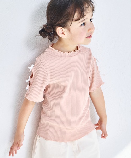 ふわふわリボン半袖カットソー セール】【リブコットン100】 袖リボン 半袖 Tシャツ（Tシャツ