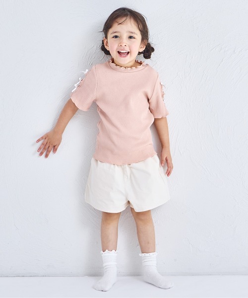 ふわふわリボン半袖カットソー セール】【リブコットン100】 袖リボン 半袖 Tシャツ（Tシャツ