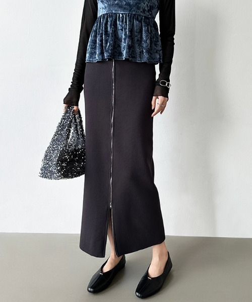 COCOMOMO スカート フロントジップ タイトスカート ロング丈 スリット