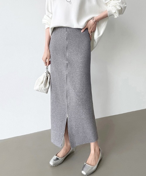 完売　room 306 コンテンポラリーグレー フロントジップ タイトスカート COCOMOMO スカート フロントジップ タイトスカート ロング丈 スリット