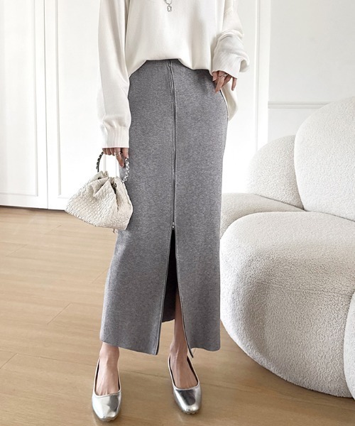 COCOMOMO スカート フロントジップ タイトスカート ロング丈 スリット