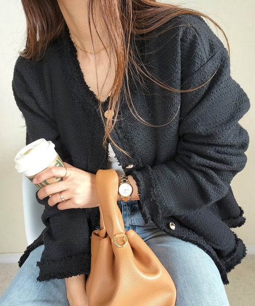 「JUNOAH」 ツイードジャケット X-LARGE ブラック レディース_画像5