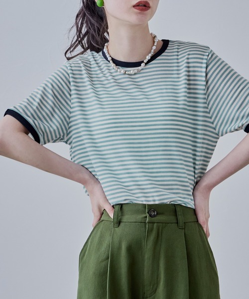 etoll. tシャツ シアーボーダークルーネックT レディース