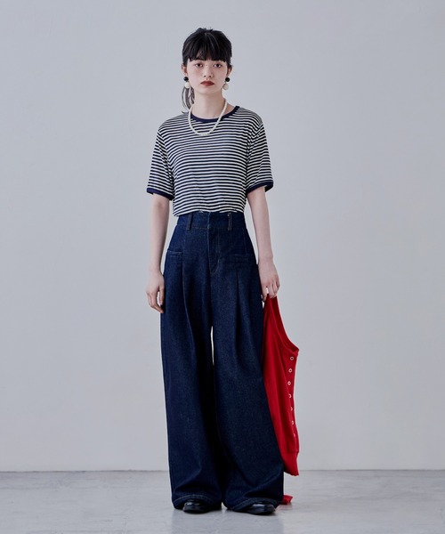 etoll. tシャツ シアーボーダークルーネックT レディース